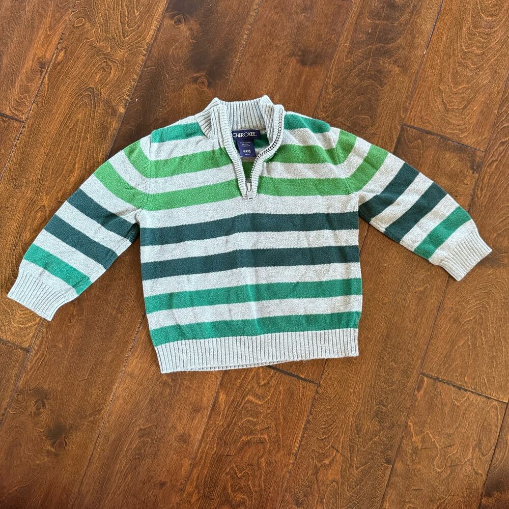 Cherokee Boys Sweater Size 24 Months Quarter Zip Striped Green Gray